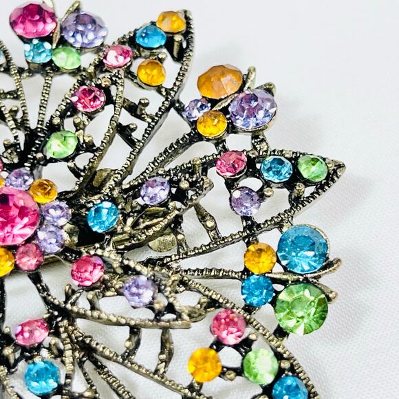 Round Flower Floral Bouquet Sash Brooch Pin Multicolor Rhinestones Bronze Toned - Picture 3 of 8